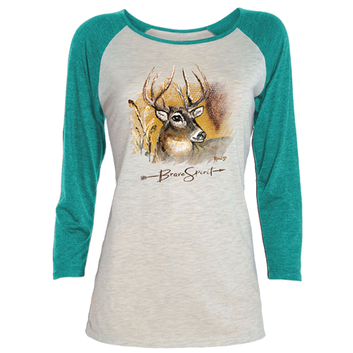 Rural Heart by Rene' Earnhardt - Brave Spirit Buck Deer Ladies 3/4 Raglan T-Shirt