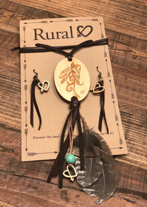 Half Face Spirit Pony Necklace with Rural Heart logo Heart & Fringe earring set