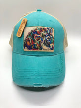 Rural Heart by Rene Earnhardt “Donkey Love” ball cap in denim or turquoise hat with Velcro closure