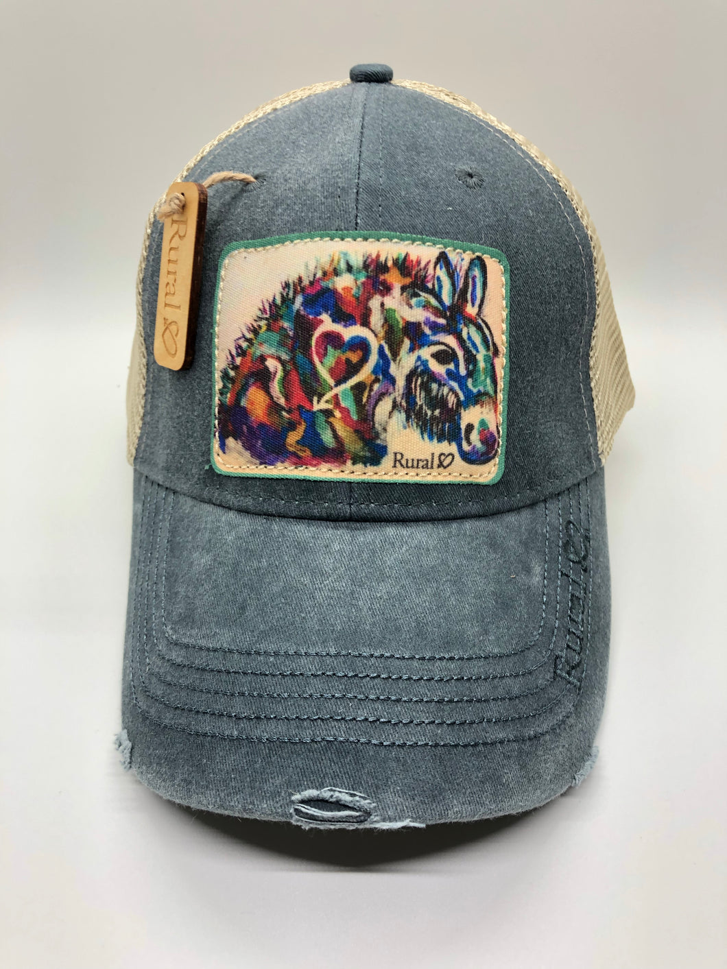 Rural Heart by Rene Earnhardt “Donkey Love” ball cap in denim or turquoise hat with Velcro closure