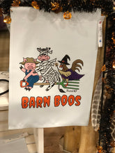 Rural Heart by René Earnhardt home yard flag featuring cute mischievous farm animals spreading Barn Boos this Halloween