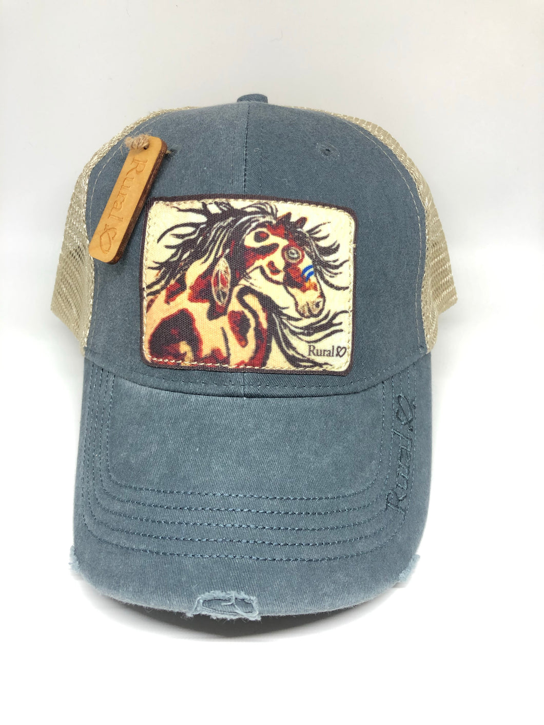Rural Heart by Rene Earnhardt “Painted Pony” ball cap in denim or turquoise ball cap with Velcro closure.