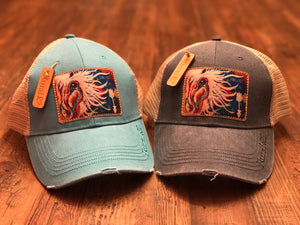 Rural Heart by Rene Earnhardt “Mystic Spirit” horse ball cap in denim or turquoise hat with Velcro closure.