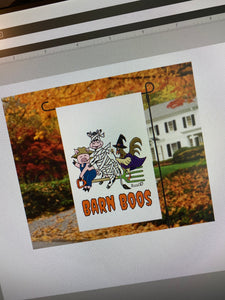 Rural Heart by René Earnhardt home yard flag featuring cute mischievous farm animals spreading Barn Boos this Halloween