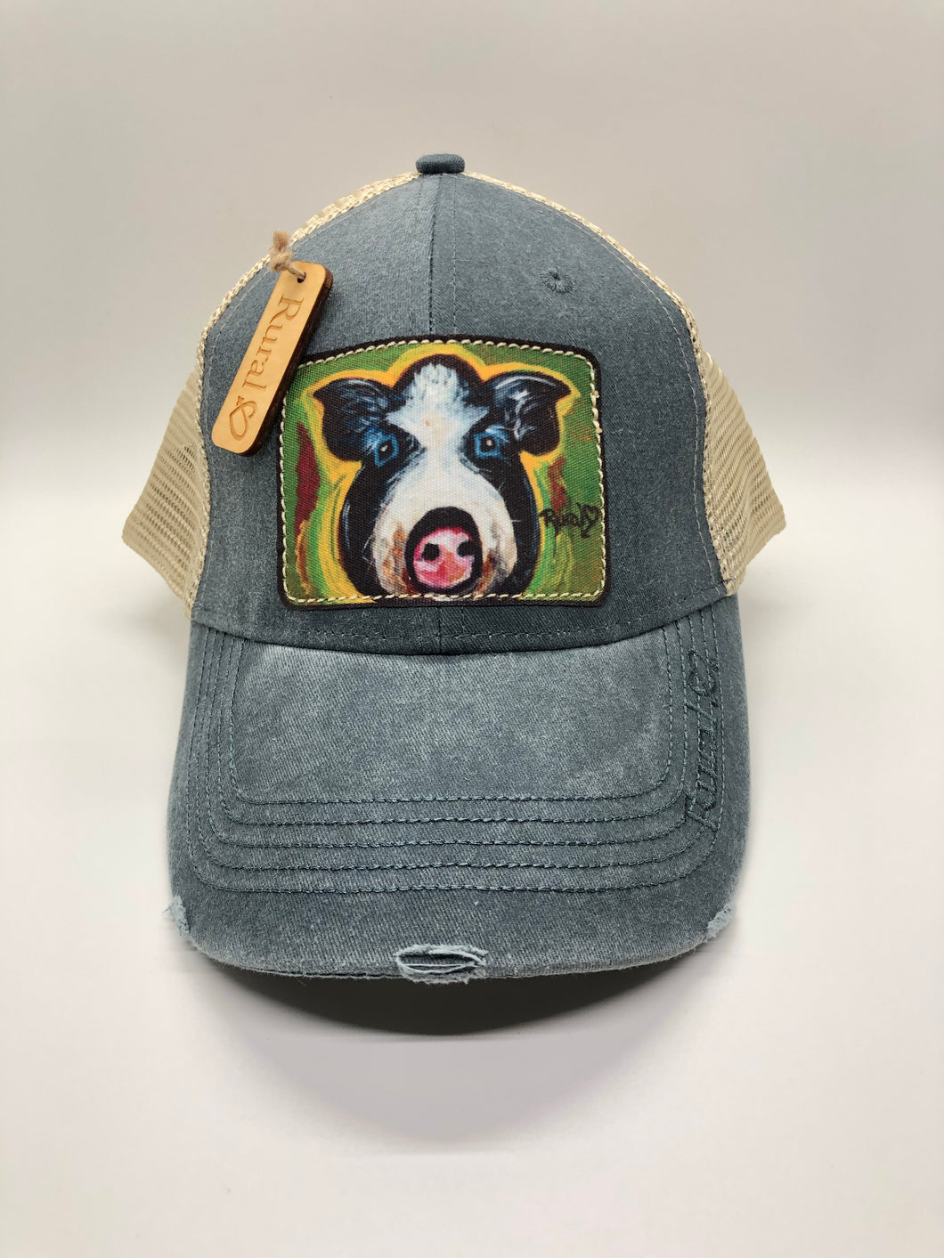 Rural Heart by Rene Earnhardt “Sheeza Sunshine” ball cap in denim or teal hat with Velcro closure