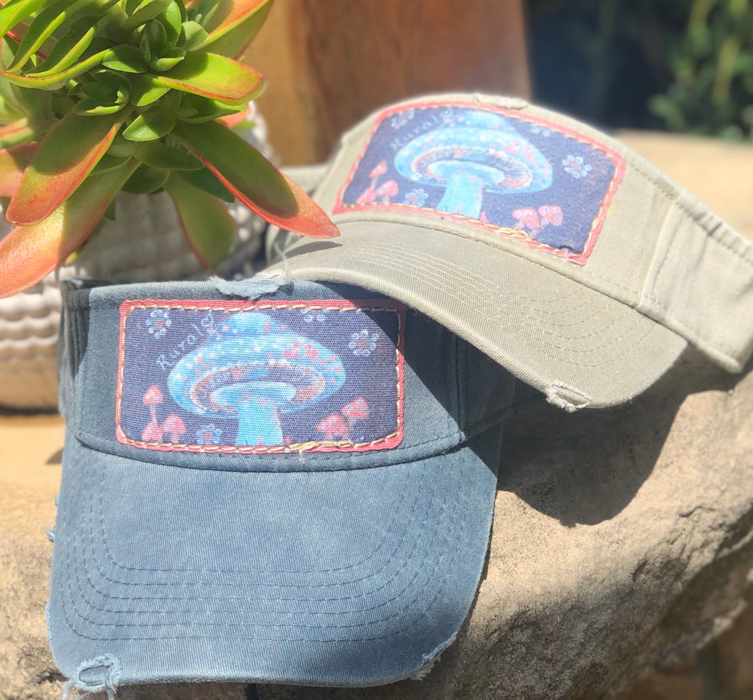 End of Summer Sale! Rural Heart by Rene Earnhardt distressed visor featuring cute mushroom art. Back velcro closure. Hurry only 2 left!