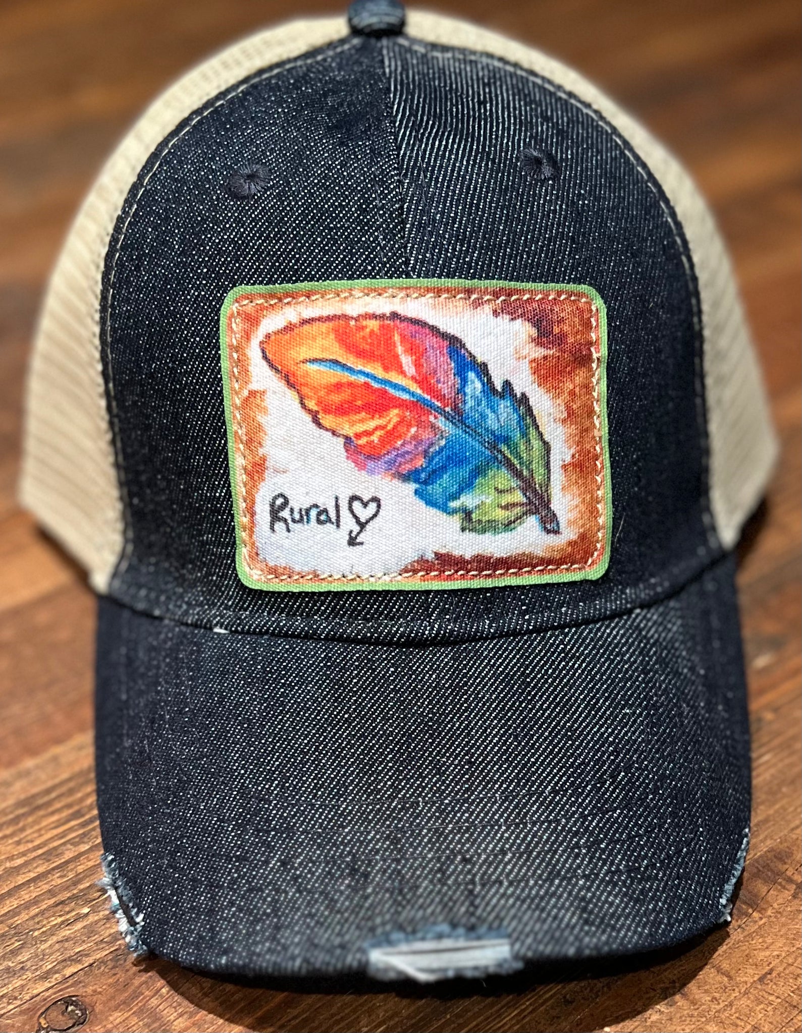 Fun Feather Rural Heart ball cap in Denim or Teal Hat w Velcro clos